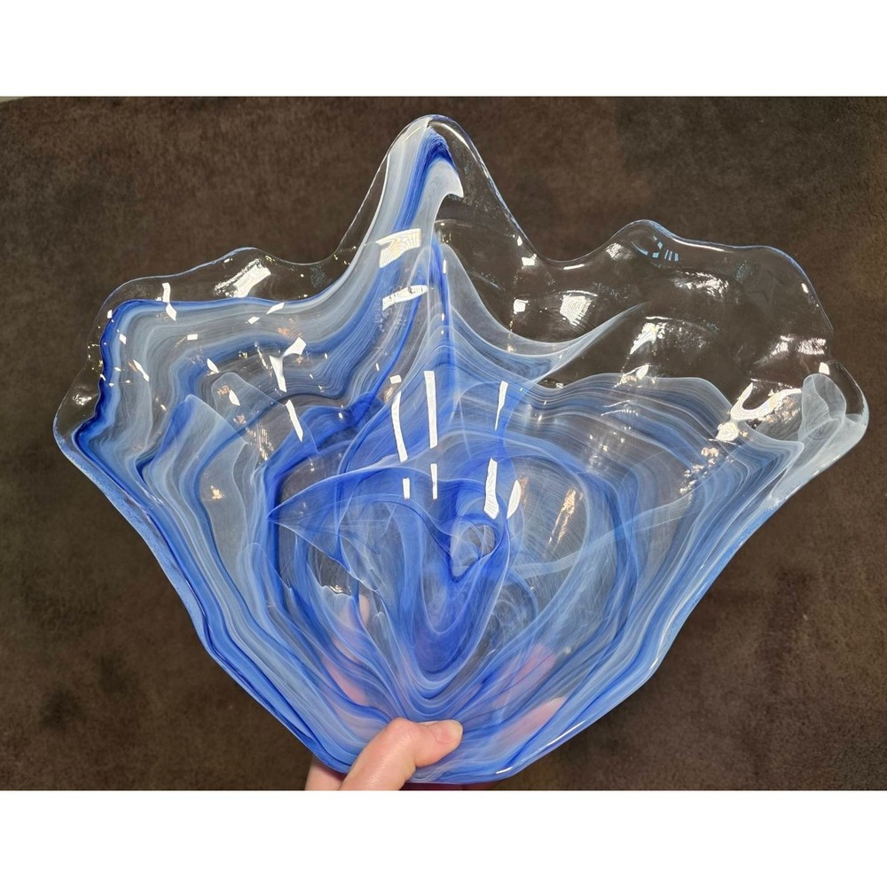Vintage Blue Swirl Art Glass Bowl Ruffled Edge Murano‎ Style Hand Blown Look